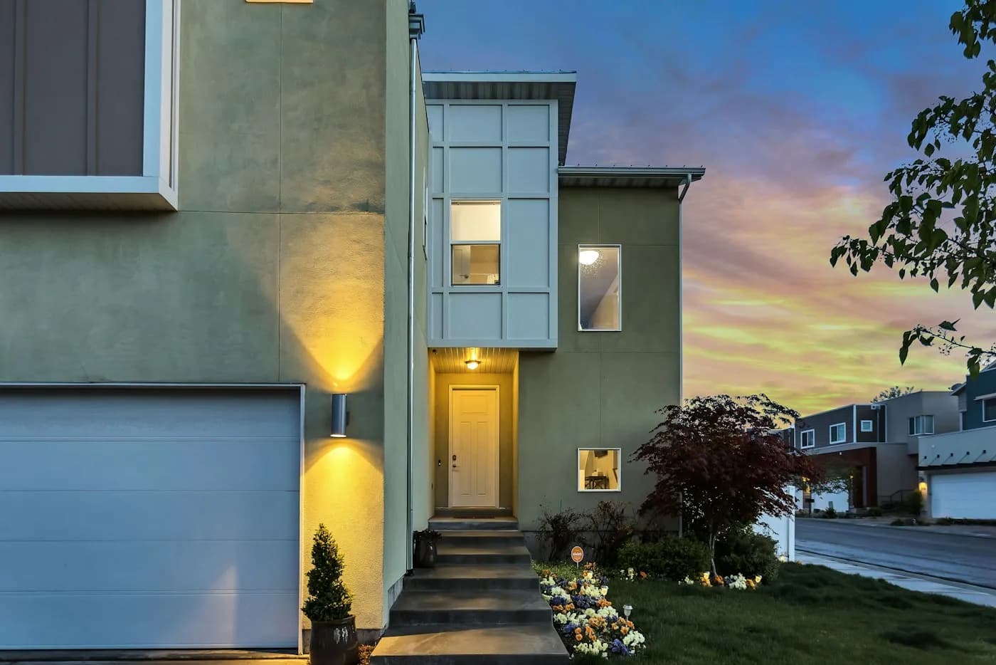 Residential building exterior in a landscaped neighborhood; illustrative, not a managed property